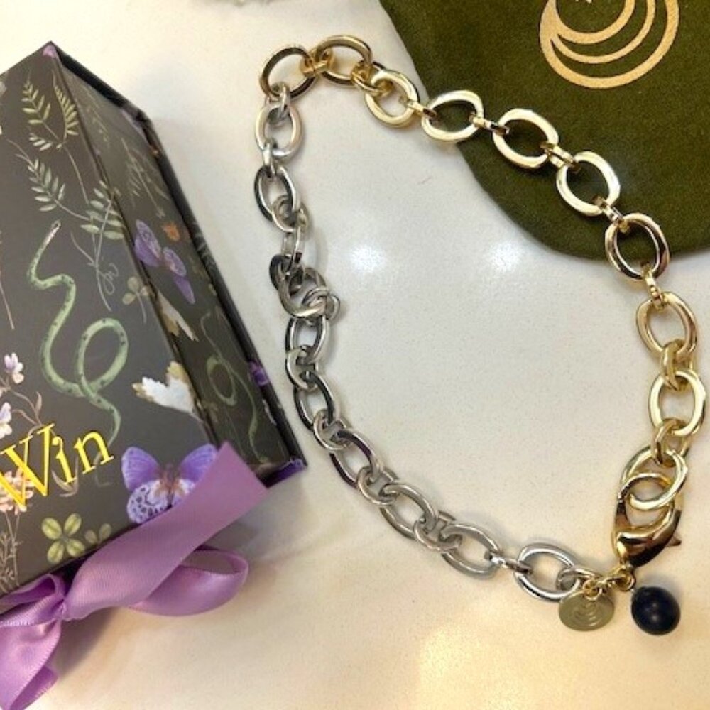 Jane Win Chunky Gold/Silver Statement Necklace with Lapis Bead